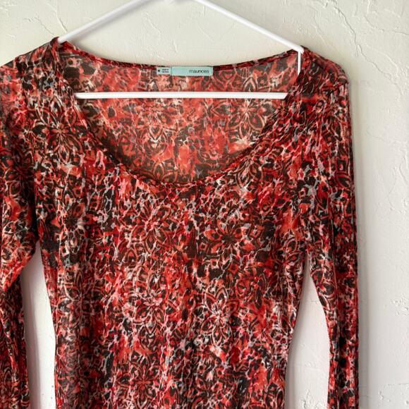 Maurices Red Sheer Abstract Print Long Sleeve Top M Y2K Stretch Fitted Burnout - Picture 2 of 8